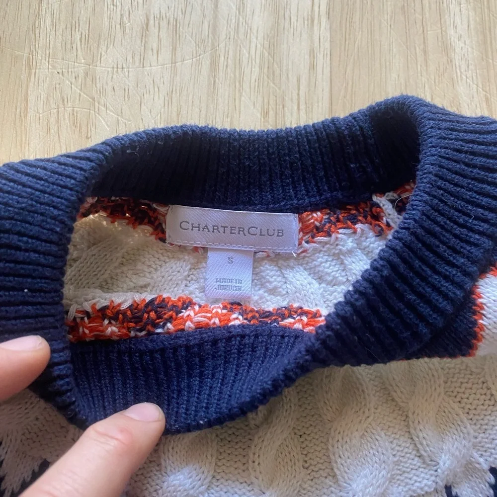Charter Club Blue and White Patterned Crewneck Sweater